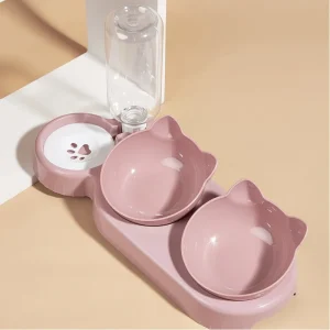 3‑in‑1 Tilted Pet Feeding Bowl with Gravity Water Bottle – Ear‑Design Tilt for Cats & Dogs