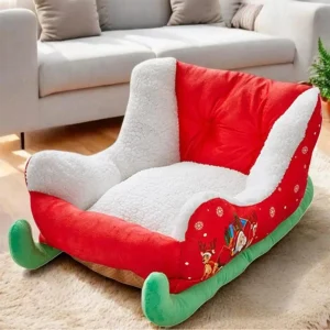 Christmas Sleigh Dog & Cat Bed – Festive Cozy Plush Nest for Holiday Comfort