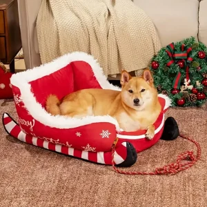 Christmas Sleigh Pet Bed – Festive Plush Nest with Removable Cover & Non Slip Base for Dogs & Cats